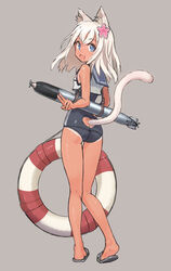  animal_ears ass_cutout bad_id bad_pixiv_id bare_legs bare_shoulders blue_eyes blush butt_crack cat_ears cat_tail clothing_cutout commentary_request crop_top female flower from_behind grey_background hair_flower hair_ornament highres kantai_collection karashi_(tou_gara_shi) kemonomimi_mode lifebuoy long_hair looking_at_viewer looking_back oerba_yun_fang one-piece_swimsuit ro-500_(kancolle) sailor_collar school_swimsuit simple_background slippers solo swim_ring swimsuit swimsuit_under_clothes tail tail_through_clothes tan tanlines tareme thigh_gap torpedo white_hair 