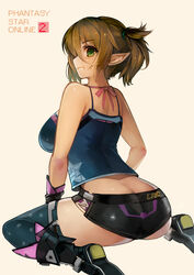  ass breasts brown_hair butt_crack commentary_request female green_eyes harusame-r large_breasts looking_at_viewer patty_(pso2) phantasy_star phantasy_star_online_2 pointy_ears short_shorts shorts sitting smile solo wariza 