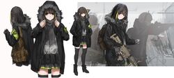  3girls alternate_costume assault_rifle boots coat girls&#039;_frontline gun headphones highres hood hooded_coat m4_carbine m4_sopmod_ii m4_sopmod_ii_(girls&#039;_frontline) m4a1_(girls&#039;_frontline) multiple_girls rifle skirt st_ar-15_(girls&#039;_frontline) thighhighs unitsu weapon winter_clothes winter_coat 