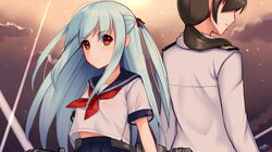  2girls absurdres admiral_(warship_girls_r) allenes artist_name back-to-back blue_hair blue_skirt closed_mouth cloud commentary_request dated female_admiral_(warship_girls_r) fubuki_(warship_girls_r) hair_ribbon highres long_hair looking_at_viewer multiple_girls neckerchief outdoors pleated_skirt red_eyes red_neckerchief red_ribbon ribbon rigging school_uniform serafuku short_sleeves signature skirt standing two_side_up upper_body warship_girls_r 