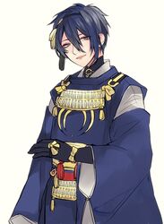  1boy blue_eyes blue_hair commentary_request hairband japanese_clothes male_focus mikazuki_munechika mogupen sayagata solo touken_ranbu 