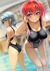  2girls bad_id bad_yandere_id competition_swimsuit duplicate highres multiple_girls naruse_mio nonaka_yuki novel_illustration official_art one-piece_swimsuit ookuma_nekosuke shinmai_maou_no_testament swimsuit 