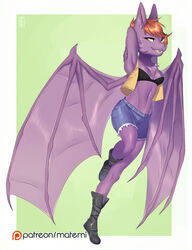  anthro bat breasts clothed clothing female fur hair hands_behind_head hi_res kiri looking_at_viewer mammal matemi midriff navel open_mouth smile solo standing undercut wings 