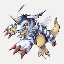  bad_id bad_pixiv_id creature digimon digimon_(creature) full_body gabumon grey_background highres horns no_humans red_eyes sharp_teeth simple_background single_horn solo tail takase_(takase1214) teeth 