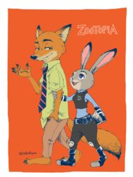  2016 3:4 anthro barefoot bottomwear buckteeth canid canine claws clothing dipstick_ears disney duo ear_markings feet female fox fur green_eyes hand_in_pocket hi_res inner_ear_fluff judy_hopps lagomorph leporid looking_back looking_up male mammal multicolored_ears necktie nick_wilde oekakinoco open_mouth open_smile pants pockets police police_uniform purple_eyes rabbit short simple_background size_difference smile teeth toe_claws tuft uniform walking zootopia 