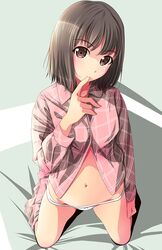  brown_eyes brown_hair buttons commentary_request female finger_in_own_mouth full_body hand_up highres kneeling long_sleeves looking_at_viewer matsunaga_kouyou navel original pajamas pajamas_pull panties short_hair solo unbuttoned underwear white_panties 