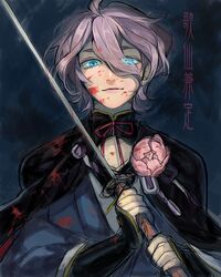  1boy blood blood_on_face blue_eyes cape commentary_request kasen_kanesada katana male_focus mogupen purple_hair solo sword touken_ranbu weapon 