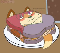  2017 animate_inanimate anthro blush breasts cleavage clothed clothing digital_media_(artwork) dipstick_tail english_text female food food_creature food_transformation fully_clothed hair ifra malleable_body markings multicolored_tail plate purple_eyes red_hair sandwich_(food) solo tail tail_markings text transformation what zoe_foxe 