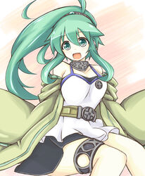  bare_shoulders belt breasts choker coat commentary_request duel_monster female green_eyes green_hair hair_ornament highres jewelry long_hair looking_at_viewer medium_breasts nanashino_(nanasino101) open_mouth photoshop_(medium) ponytail skirt smile solo winda_(yu-gi-oh!) winda_priestess_of_gusto yu-gi-oh! 