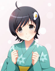  aqua_kimono araragi_tsukihi black_hair commentary_request egg_(food) egg_hair_ornament female food food-themed_hair_ornament fried_egg hair_ornament japanese_clothes kimono monogatari_(series) nisemonogatari short_hair solo spiceg 