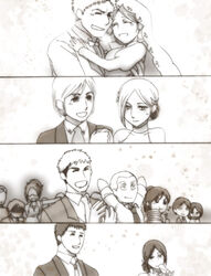  alcohol annie_leonhardt armin_arlert arms_around_neck arms_behind_head bertholt_fubar bertolt_hoover carrying champagne christa_renz closed_eyes conny_springer couple cup dress eren_yeager everyone formal glass glasses grin hair_ornament hange_zoe happy jean_kirchstein levi_(shingeki_no_kyojin) mikasa_ackerman monochrome necktie open_mouth princess_carry reiner_braun sasha_braus sasha_browse shingeki_no_kyojin smile sparkle suit sweatdrop tears tuxedo veil wedding wedding_dress ymir_(shingeki_no_kyojin) 