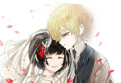  1boy ^_^ alternate_hairstyle alternate_universe aya_drevis bad_id bad_pixiv_id black_hair blonde_hair bow bridal_veil bride choker closed_eyes collared_shirt couple dress female hair_ornament hairbow hairpin happy_tears highres light_smile mad_father necktie object_spring open_mouth orange_eyes petals photoshop_(medium) red_eyes robin_(mad_father) shirt short_hair smile straight tears veil wedding_dress 