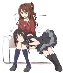  2girls :d akni bare_shoulders black_dress black_gloves black_gothic_dress_(idolmaster) blazer blue_legwear blush boots bow bowtie brown_eyes brown_hair commentary_request couch cross-laced_footwear dress flower frilled_dress frills gloves hairbow half_updo idolmaster idolmaster_cinderella_girls idolmaster_cinderella_girls_starlight_stage jacket knee_boots kneehighs korean_commentary korean_text lace-up_boots lap_pillow loafers long_hair love_letter_(idolmaster) multiple_girls one_side_up open_mouth plaid plaid_bow plaid_bowtie school_uniform shibuya_rin shimamura_uzuki shoes simple_background sitting skirt sleeping smile socks sweatdrop translated white_background 