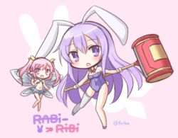  2girls :d :o animal_ears blush chibi commentary copyright_name detached_collar erina_(rabi-ribi) fairy fairy_wings frr_(akf-hs) hammer long_hair looking_at_viewer mini_person minigirl multiple_girls open_mouth pink_eyes pink_hair playboy_bunny purple_eyes purple_hair rabbit_ears rabbit_tail rabi-ribi ribbon_(rabi-ribi) simple_background single_thighhigh smile tail thighhighs twintails twitter_username white_legwear wings wrist_cuffs 