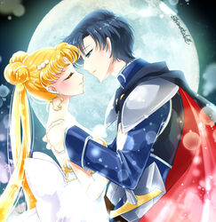  1boy armor bishoujo_senshi_sailor_moon black_cape black_hair blonde_hair blue_eyes bow cape chiba_mamoru closed_eyes commentary_request crescent crescent_facial_mark double_bun dress earrings endymion_(sailor_moon) facial_mark female from_side full_moon hair_bun hair_ornament imminent_kiss jewelry lens_flare long_hair moon pauldrons princess_serenity shirataki_kaiseki short_hair shoulder_armor signature strapless strapless_dress tsukino_usagi twintails upper_body very_long_hair white_bow white_dress 