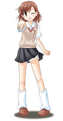  brown_eyes brown_hair brown_sweater_vest commentary_request female misaka_mikoto nekoma_kotomitsu one_eye_closed school_uniform shorts shorts_under_skirt summer_uniform sweater_vest toaru_kagaku_no_railgun toaru_majutsu_no_index tokiwadai_school_uniform 