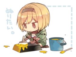  blonde_hair bucket chibi commentary_request djeeta_(granblue_fantasy) female gold_bar granblue_fantasy hairband lowres nozomu144 paint paintbrush short_hair thief_(granblue_fantasy) 