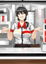  black_hair breasts brown_eyes employee_uniform fast_food_uniform female grin large_breasts long_hair madarame original ponytail sharp_teeth shrug skirt smile solo uniform 