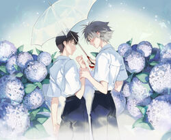  2boys bad_id bad_pixiv_id blush brown_hair flower grey_hair holding_another&#039;s_wrist hydrangea ikari_shinji male_focus meer_rowe multiple_boys nagisa_kaworu neon_genesis_evangelion photoshop_(medium) shared_umbrella umbrella 