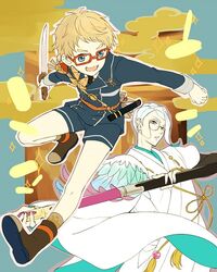  2boys :d blonde_hair blue_eyes commentary_request glasses hakata_toushirou japanese_clothes male_focus military military_uniform monocle multiple_boys naginata necktie open_mouth polearm purple_eyes red-framed_eyewear short_sword shorts smile sparkle sword tantou tomoegata_naginata touken_ranbu uniform v-shaped_eyebrows weapon white_hair yamazaki_mitsuko 