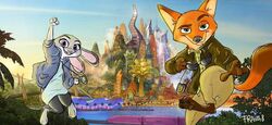  2017 action_pose anthro badge barefoot bottomwear bridge buckteeth canid canine city cityscape clothing dipstick_ears dipstick_tail disney duo ear_markings ears_down eyewear feet female fox frava8 fur green_eyes holding_object jacket judy_hopps jumping lagomorph lake leporid looking_at_viewer male mammal markings multicolored_ears multicolored_tail nick_wilde open_mouth open_smile pants pawpads pivoted_ears pose purple_eyes rabbit raised_arm red_fox shirt smile sunglasses tail tail_markings teeth topwear train true_fox vehicle zootopia 