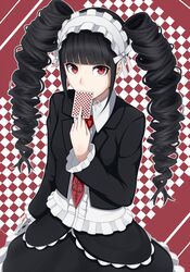  bad_id bad_pixiv_id black_hair card celestia_ludenberg covering_own_mouth danganronpa:_trigger_happy_havoc danganronpa_(series) female frills hairband heisei_yutorin lolita_hairband long_hair long_sleeves necktie red_eyes solo twintails 