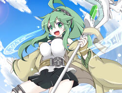  bare_shoulders belt breasts choker coat commentary_request duel_monster female green_eyes green_hair hair_ornament highres jewelry long_hair looking_at_viewer medium_breasts nanashino_(nanasino101) open_mouth photoshop_(medium) ponytail skirt smile solo staff wide_sleeves winda_(yu-gi-oh!) winda_priestess_of_gusto yu-gi-oh! 