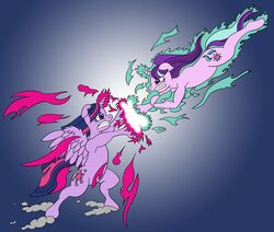  2015 absurd_res alicorn cutie_mark digital_media_(artwork) duo equid equine eyelashes feathered_wings feathers female feral fight friendship_is_magic fur glaring glowing hadouken hair hasbro hi_res horn horse magic mammal mane multicolored_hair my_little_pony mythological_creature mythological_equine mythology pony psycho_crusher purple_body purple_eyes purple_feathers purple_fur simple_background starlight_glimmer_(mlp) twilight_sparkle_(mlp) unicorn vaguelycreepy wings 