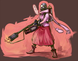  aimitsu_(ibityuttyu) androgynous boots brown_background canister cardigan commentary_request crossover female fire flamethrower full_body gas_mask gloves helmet holding holding_weapon long_skirt looking_at_viewer mask matsumi_yuu mittens oxygen_tank parody pyro_(tf2) saki_(manga) saki_achiga-hen scarf simple_background skirt solo team_fortress_2 translated weapon 