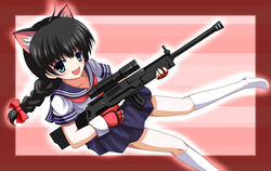  animal_ears black_hair braid cat_ears cofi_(eternal) eternal198967 female fingerless_gloves flying gloves green_eyes gun hair_ribbon kneehighs looking_at_viewer milly_(paperman) open_mouth paper_man paperman ribbon rifle school_uniform skirt smile solo twin_braids weapon 