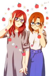  2girls bad_id bad_pixiv_id bespectacled blue_eyes blush brown_hair dress food fruit glasses heart holding_hands inuzuka_bouru kosaka_honoka long_hair looking_at_viewer love_live! love_live!_school_idol_project multiple_girls nishikino_maki nitta_emi photo-referenced pile_(voice_actor) purple_eyes red_hair skirt speech_bubble strawberry v voice_actor_connection 