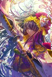  arm_up chang&#039;e_(destiny_child) commentary_request destiny_child female fingerless_gloves floral_print flower gauntlets gloves hair_ornament half-closed_eyes headdress highres japanese_clothes katana kimono leaf long_hair looking_to_the_side obi open_mouth petals purple_eyes purple_hair revision sash sheath solo sword tassel tsukioka_tsukiho unsheathing very_long_hair weapon wide_sleeves wind wind_lift wolf 