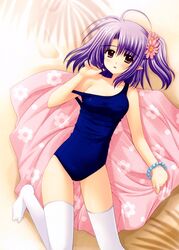  absurdres bracelet breasts covered_nipples daisy_(shuffle!) female flower hair_flower hair_ornament highres jewelry legs lying nishimata_aoi one-piece_swimsuit photoshop_(medium) pillow pointy_ears purple_eyes purple_hair school_uniform shuffle! shuffle!_essence+ small_breasts solo swimsuit thighhighs white_thighhighs 