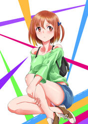  backpack bag brown_eyes brown_hair commentary_request female hataraku_maou-sama! lyrical_denko panties sasaki_chiho short_hair simple_background skirt solo two_side_up underwear 