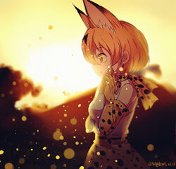  animal_ears bad_end commentary crying crying_with_eyes_open disappear female from_side hand_on_own_face kemono_friends open_mouth outdoors photoshop_(medium) sad serval_(kemono_friends) serval_print solo spoilers standing sunset tears wide-eyed yaoshi_jun 