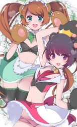  2girls animal_ears animal_hands artist_name bear_ears bear_girl bear_paws black_hair blush bow breasts brown_hair cleavage commentary_request dated flower gloves green_eyes green_panties lily_(flower) long_hair looking_at_viewer maid_headdress medium_breasts multiple_girls necktie oerba_yun_fang open_mouth panties pantyshot paw_gloves pink_eyes pink_panties princess ro_(igris-geo) short_hair twintails underwear yuri_kuma_arashi yurigasaki_lulu yurishiro_ginko 