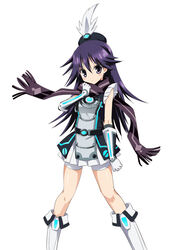  alternate_costume black_hair boots commentary_request female hat hat_feather knee_boots kuroki_rei long_hair ouhashi palette_suit purple_eyes scarf solo vividred_operation 