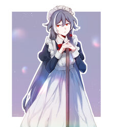  absurdres arsum0731 artist_name dated female fu_hua fu_hua_(herrscher_of_sentience) grey_hair highres honkai_(series) honkai_impact_3rd interlocked_fingers jewelry long_hair looking_to_the_side maid maid_headdress multicolored_hair open_mouth outline red_eyes signature solo standing streaked_hair very_long_hair white_outline 