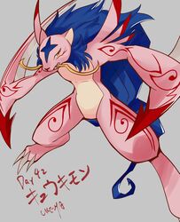  1day1digimon anthro bandai_namco blade_arm blue_hair claws digimon digimon_(species) fur hair hi_res kyukimon pink_body pink_fur solo whiskers yellow_eyes 