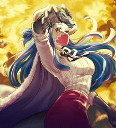  blue_hair breasts dinosaur_girl dinosaur_tail female from_below highres horns living_(pixiv5031111) long_hair long_sleeves looking_at_viewer mask mouth_mask multicolored_hair one_piece outstretched_arm pink_hair solo striped tail two-tone_hair ulti_(one_piece) 