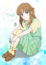  blue_eyes bobby_socks bow braid brown_hair closed_mouth dress female full_body hairbow highres kobayashi_chizuru long_hair looking_at_viewer mitsumete_knight smile socks solo sophia_robelingue 