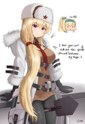  arms_behind_back artist_name belt_bag black_gloves black_pantyhose blonde_hair blush breasts brown_sweater closed_mouth coat cosplay english_commentary english_text feet_out_of_frame female fur-trimmed_coat fur-trimmed_sleeves fur_hat fur_trim gamryous girls&#039;_frontline gloves hat hat_ornament highres long_hair long_sleeves looking_at_viewer medium_breasts mosin-nagant_(girls&#039;_frontline) mosin-nagant_(girls&#039;_frontline)_(cosplay) mosin-nagant_(mod3)_(girls&#039;_frontline) necktie open_clothes open_coat pantyhose papakha red_eyes red_necktie red_star shovel smile solo standing star_(symbol) star_hat_ornament sv-98_(girls&#039;_frontline) sv-98_(mod3)_(girls&#039;_frontline) sweater white_background white_coat white_hat 