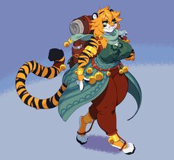  absurd_res anklet anthro backpack bell big_breasts biped bottomwear bracelet breasts clothed clothing digital_media_(artwork) felid female fully_clothed fur hair hi_res jewelry mammal pantherine pants paws sascha_(hypnofood) scarf shaded simple_background smile solo takiminada tiger walking 