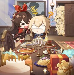  &gt;_&lt; 1boy 5girls ? amber_(genshin_impact) barbara_(genshin_impact) birthday_cake blindfold blonde_hair brown_hair cake candle candlestand chair chibi crossed_bangs eyepatch fish-flavored_toast_(genshin_impact) food fruity_skewers_(genshin_impact) genshin_impact gift hair_between_eyes headband high_ponytail indoors jean_(genshin_impact) kaeya_(genshin_impact) klee_(genshin_impact) lisa_(genshin_impact) long_hair multiple_girls mysterious_bolognese_(genshin_impact) official_art open_mouth outrider&#039;s_champion_steak!_(genshin_impact) pasta second-party_source short_sleeves shorts side_ponytail sitting skewer smile spaghetti standing steak sweatdrop table thighhighs 