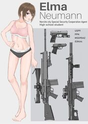  absurdres arm_at_side battle_rifle bipod black_panties blue_eyes calvin_klein commentary_request contrapposto d-sawa613 english_text female foregrip full_body gun h&amp;k_g3 h&amp;k_msg90 h&amp;k_usp hand_on_own_stomach handgun hands_on_own_chest heckler_&amp;_koch highres hybrid_sight laser_sight navel optical_sight original panties pink_sports_bra rifle scope short_hair sniper_rifle solo sports_bra two-tone_panties two-tone_sports_bra underwear underwear_only underwear_writing vertical_foregrip walther walther_ppk weapon weapon_name white_panties white_sports_bra 