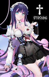  aqua_eyes black_background black_bow black_dress black_nails black_thighhighs blue_bow bow breasts cake cake_slice character_name colored_inner_hair cookie corset cross cross-laced_clothes cross_earrings cup detached_collar detached_sleeves dress earrings female food fork frilled_panties frills fruit garter_belt hairband heart heart-shaped_pillow highres holding holding_fork honekoneko_(psg) jewelry large_breasts latin_cross lolita_hairband long_hair multicolored_hair nail_art panties panty_&amp;_stocking_with_garterbelt pillow pink_hair puffy_short_sleeves puffy_sleeves purple_hair purple_legwear ringed_eyes saga666 see-through short_sleeves simple_background skull sleeves_past_wrists stocking_(psg) strawberry striped_clothes striped_panties striped_thighhighs stuffed_animal stuffed_cat stuffed_toy teacup thighhighs two-tone_hair underwear unworn_legwear very_long_hair white_bow white_dress 