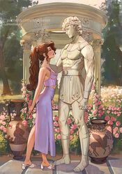  bare_arms bare_shoulders brown_hair day female flower from_side hair_ornament hercules_(1997_film) hercules_(disney) high_heels highres holding holding_flower long_skirt looking_up megara_(disney) outdoors pink_flower pink_rose pink_skirt ponytail rose sandals skirt solo standing statue toshiasan tree watermark web_address 