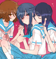  3girls black_hair blush brown_eyes brown_hair commentary_request girl_sandwich heart hibike!_euphonium holding_hands interlocked_fingers kitauji_high_school_uniform kousaka_reina licking licking_another&#039;s_neck long_hair multiple_girls neck_blush oumae_kumiko red_background red_eyes sandwiched school_uniform sweat torigara_cha yoroizuka_mizore yuri 