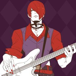  1boy argyle_background bad_id bad_twitter_id choker earrings electric_guitar flat_color guitar hair_over_one_eye instrument jewelry juu_satoshi male_focus music nail_polish pectoral_cleavage pectorals playing_instrument red_eyes red_hair ring solo the_king_of_fighters vest waistcoat yagami_iori 