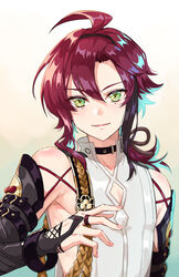  1boy ahoge arm_up armor choker dark_red_hair fingerless_gloves genshin_impact gloves green_eyes japanese_armor ju-i looking_at_viewer male_focus mole mole_under_eye ponytail red_hair shikanoin_heizou shirt simple_background sleeveless sleeveless_shirt smile solo 